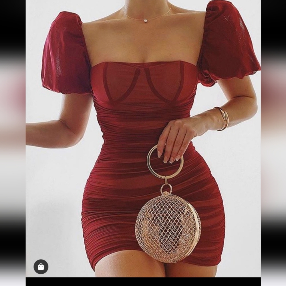 Oh Polly Whirlwind Romance Elegant Red Puff Sleeve Dress